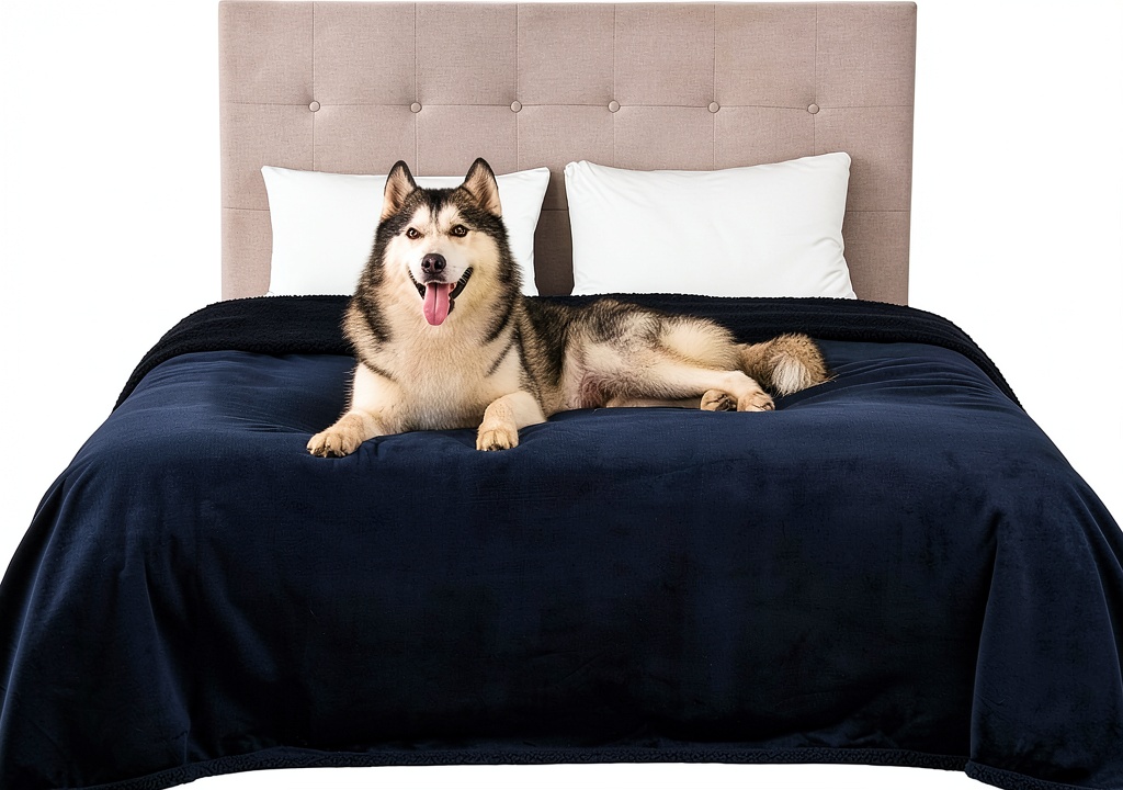 Bedsure pet blanket showing reversible Sherpa and flannel sides on a couch