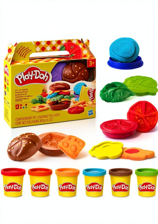 Hasbro Play-Doh Pretend Burger Kitchen Set with 6 Colors and 6-0