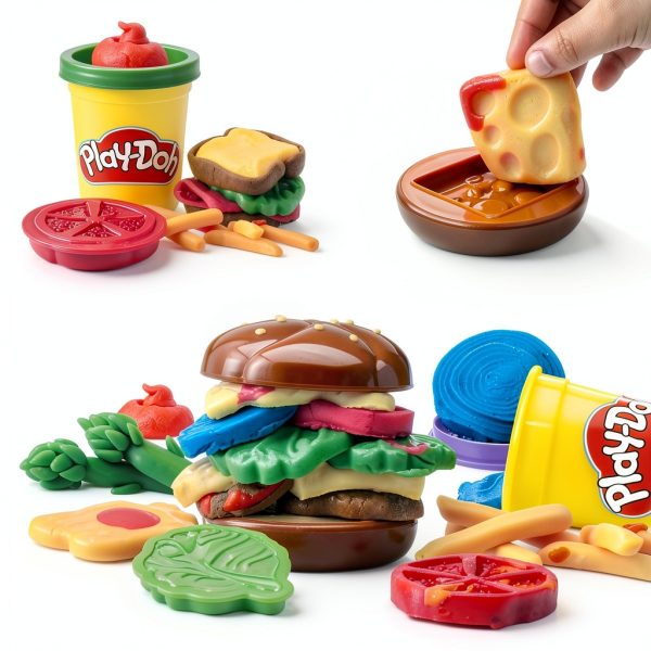 Hasbro Play-Doh Pretend Burger Kitchen Set with 6 Colors and 6-1