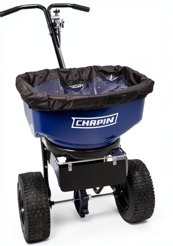 Chapin USA 82088 80-Pound Made in USA Commercial Sure Spread Salt and Ice Melt Walk Behind Spreader with 360-degree Baffles, Enclosed Gear System and Includes Cover and Salt Grate, Blue-0